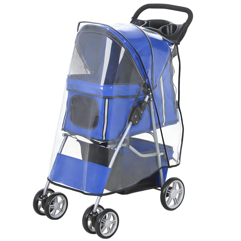 Dog Stroller Dog Buggy Foldable Cat Stroller Up To 10kg with Rain Cover, Reflective Strips, Storage Basket, 77x44x102cm, Blue