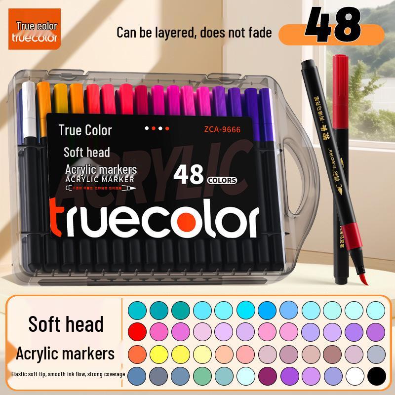 True Color Soft Tip Acrylic Marker Pen, Small Square Barrel, Black Box, No Bleed, Layerable, Ideal for Children's Art and Newspaper Painting.