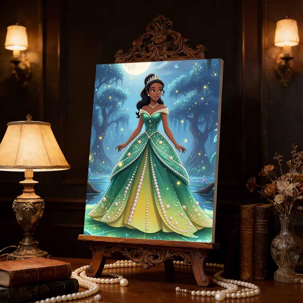 Disney Pearl Painting Princess Tiana Green Gold Gradient Skirt Creative 5D Exquisite Landscape Sparkling Craft Home Wall Decor DIY Handmade Gift