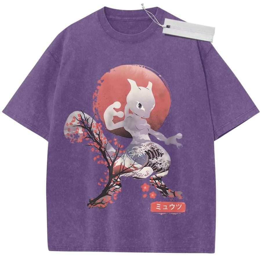 Vintage Washed Pokemon Mew TShirt Oversized Octopus Donut Graffiti Anime Graphic Streetwear Tee for Casual Daily Campus Home