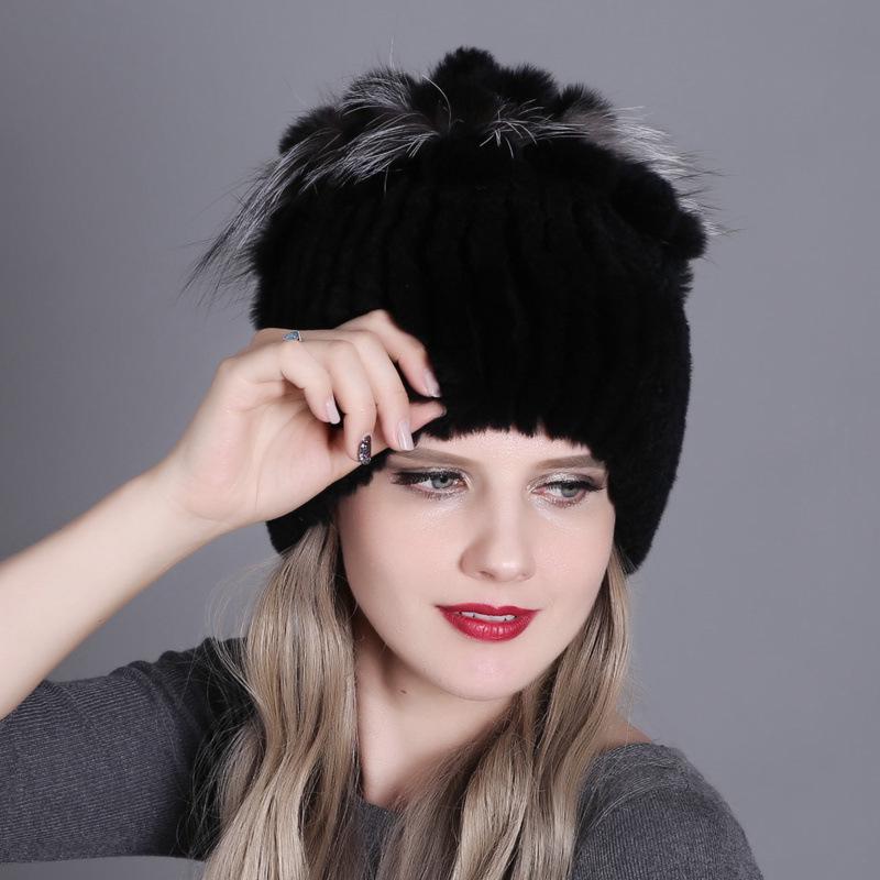 Colorful Rex Rabbit Fur Knitted Women's Warm Winter Hat