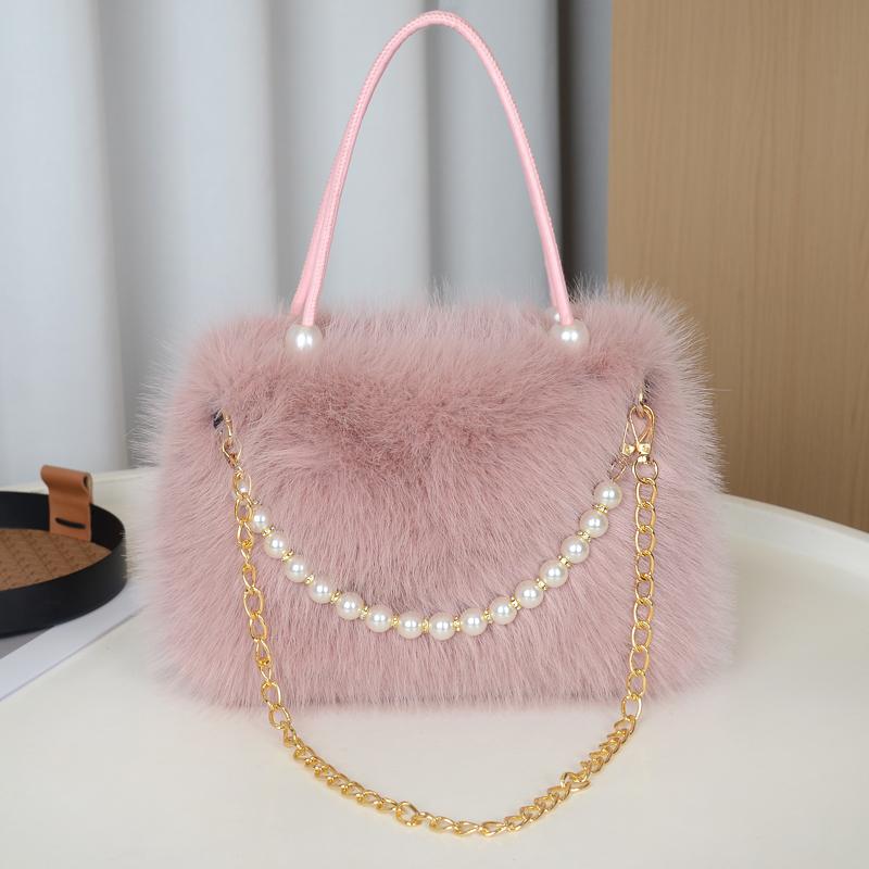 Fake Fox Fur Handbag Adorned with Fake Pearls Soft and Comfortable High-end Texture Large Capacity Women's Messenger Bag