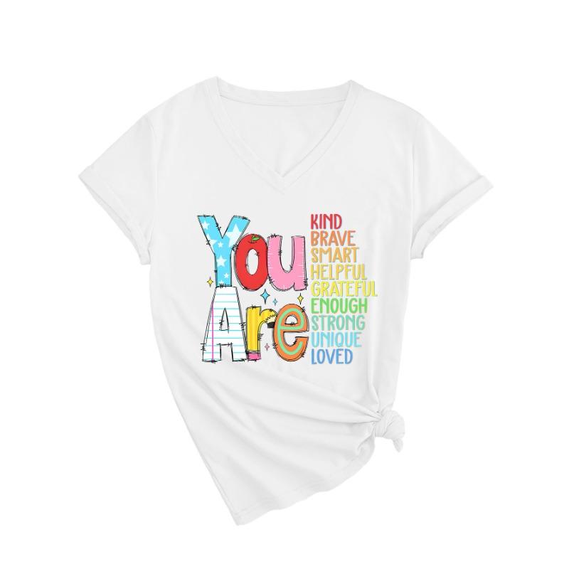 Summer V-neck Inspirational Text Printed Top Fashionable Casual Short Sleeved Women's T-shirts