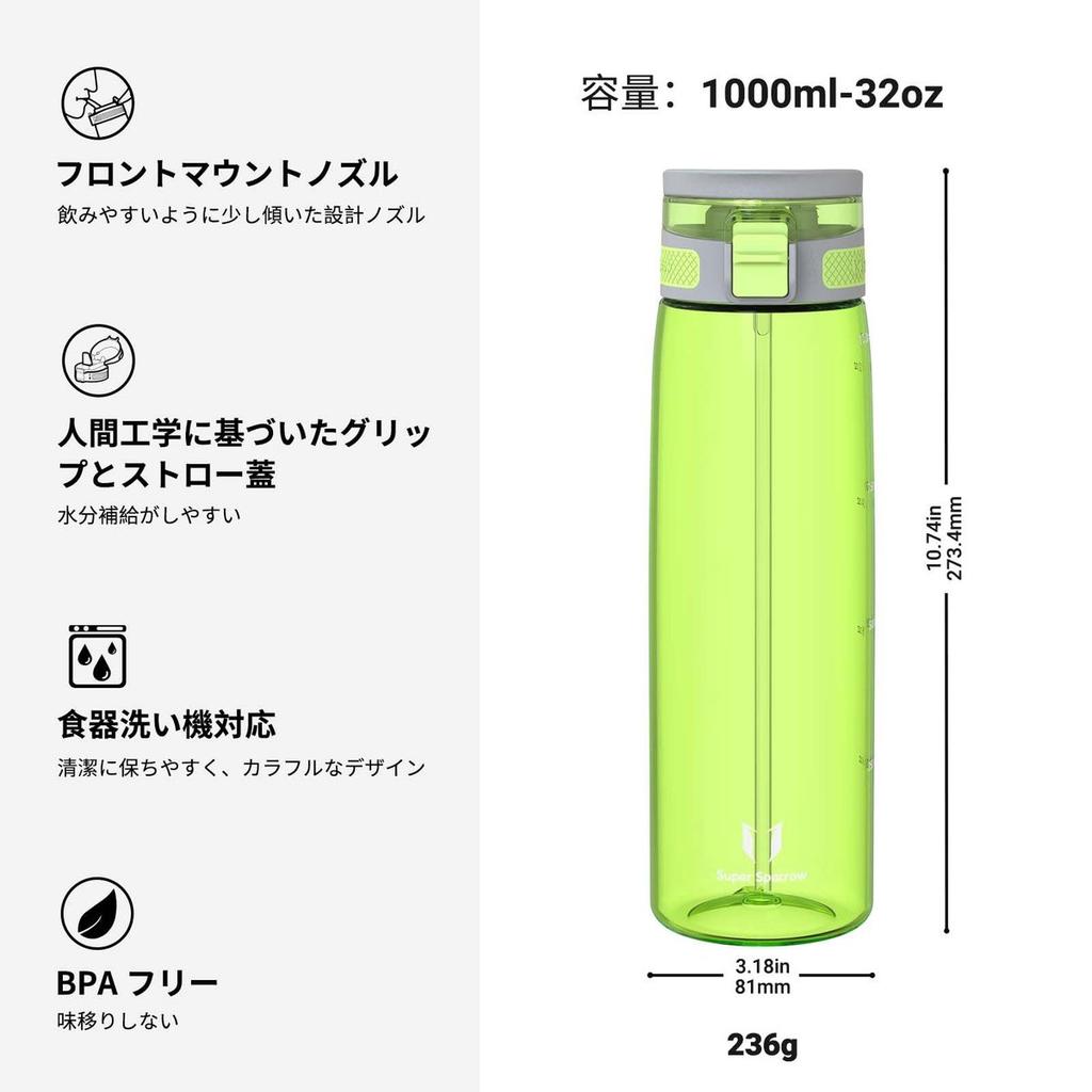 Super Sparrow Tritan Water Bottle 1L with Straw Leak-Proof BPA-Free Sports Bottle for Gym Travel Camping