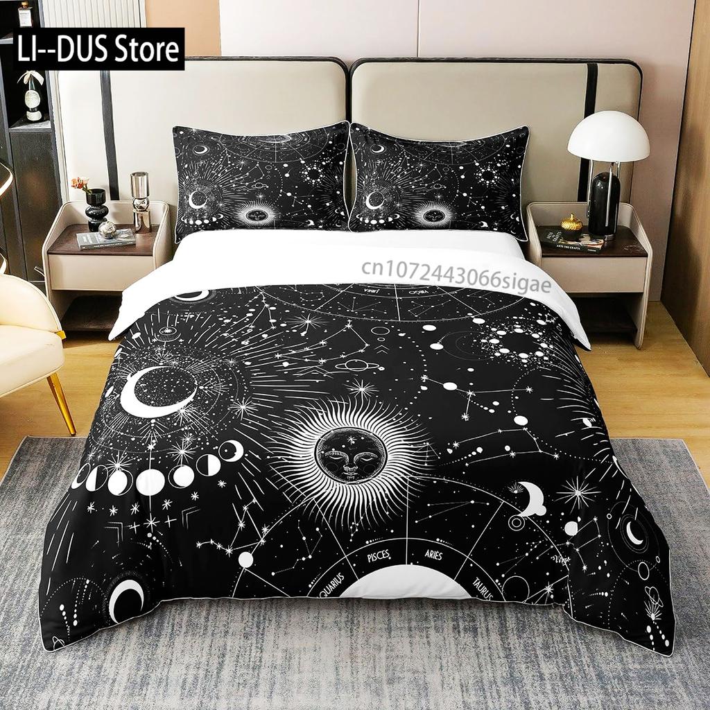 Constellation Duvet Cover Set Sky Star Map Geometric Circle Decorative 3 Piece Bedding Set with 2 Pillow Shams Queen Full Size