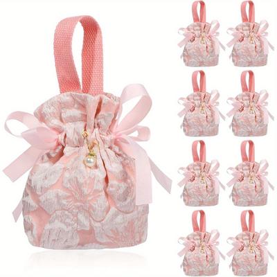10 Pcs Small Floral Gift Bags, Canvas Pink Gift Bags, Mini Drawstring Treat Gift Pouches for Baby Shower, Bridal Shower, Birthday, Wedding