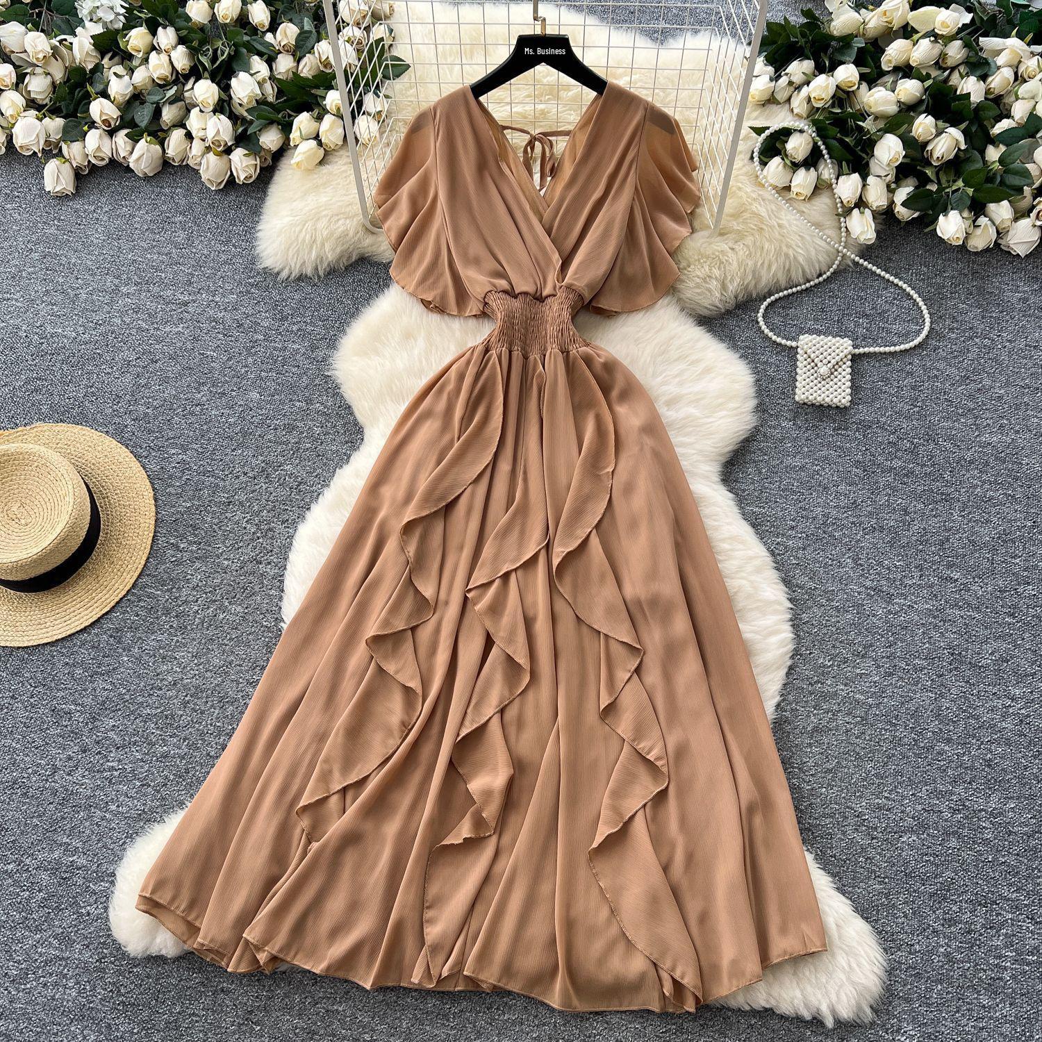 

Women s Summer V-Neck Puff Sleeve Chiffon Maxi Dress with Ruffles One Size хакі