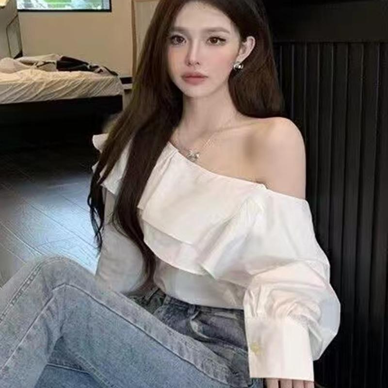 Vintage Ruffled Off Shoulder White Blouse Women Fashion Long Sleeve Loose Elegant Shirt Women Slim Fit Casual Slash Neck Sexy Tops 24304