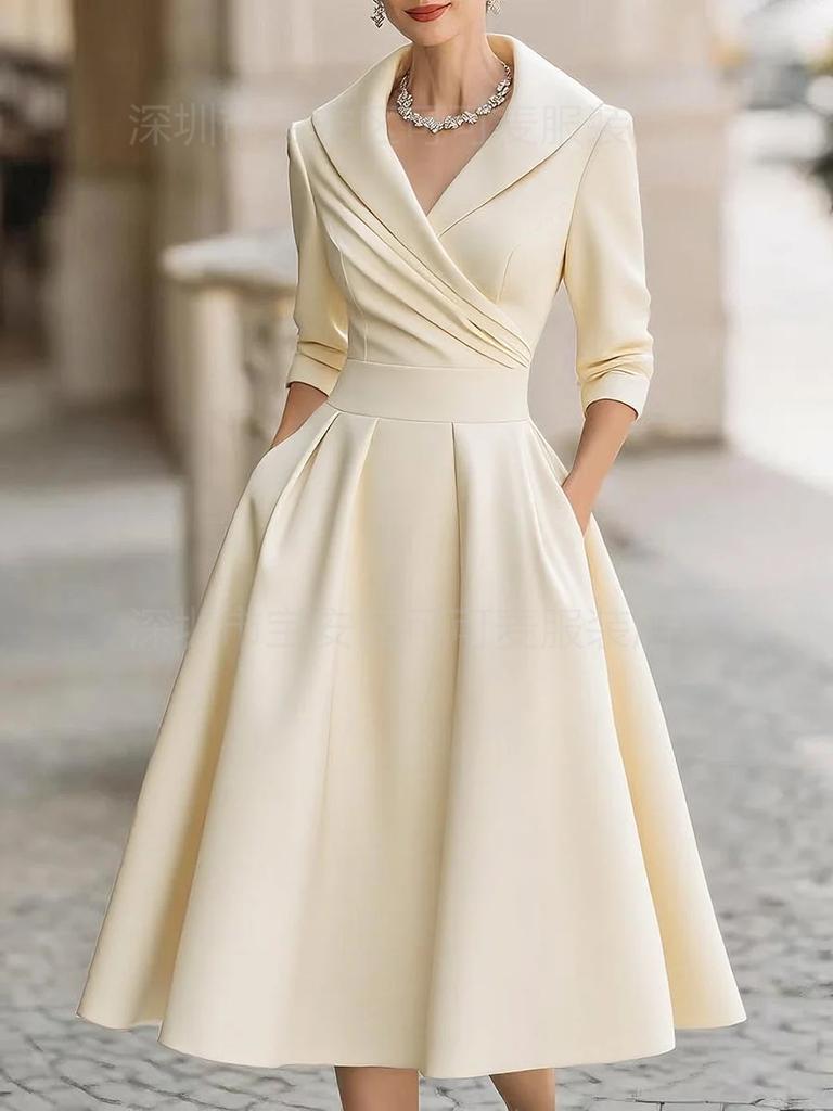 Elegant temperament waist thin dress long sleeves big swing solid color dress women