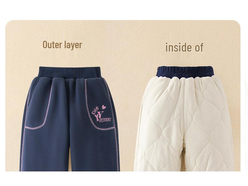 Girls' Winter Fleece-Lined Quilted Cotton Sports Pants - Thickened Three-Layer Design for Big Kids