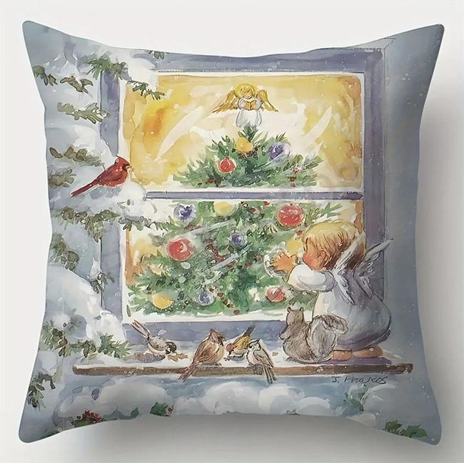 Home Decor Winter Windows and Cozy Christmas Scenes Pattern Cushion Cover Suitable for Sofa Bedroom Car Pillow Cover