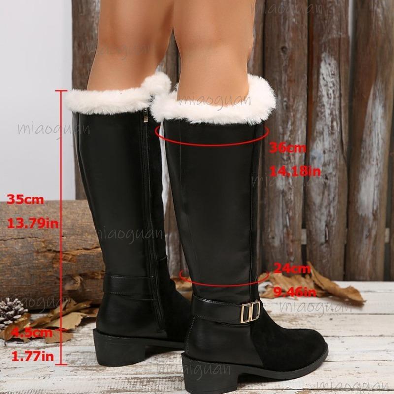 

Mid-Heel Women s Black Knee-High Long Boots Short Plush Winter Warm Shoes Fashion Side Zip Metal Decors Bottes Femmes Size 36-43 43 чорний