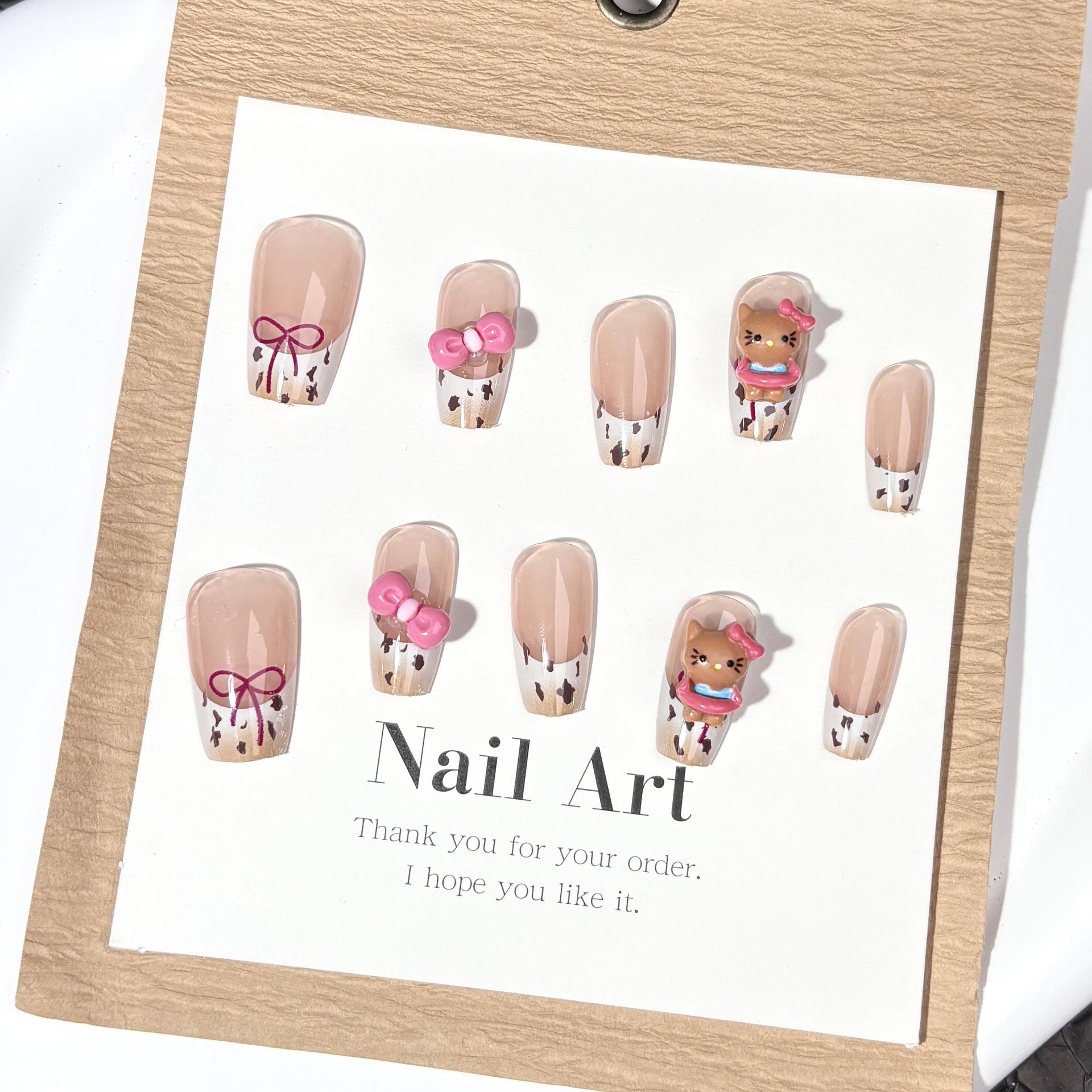 

Черные леопардовые накладные ногти с бантом из страз - Полуручная работа, в пикантном французском стиле, 10 штук