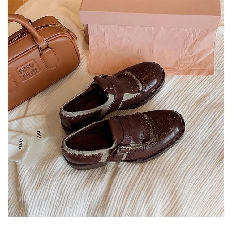 Grape Mother of the Same Style, Heavy Industry Horse Leather British Style Retro Thick Heel Fringed Carved Baroque Leather Shoes Women's Genuine Le