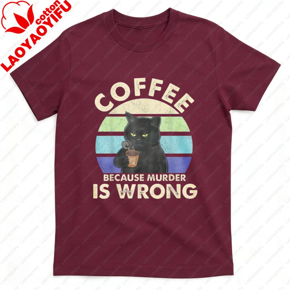 Coffee Cat Vintage Print Summer Casual Men TShirt Cotton Short Sleeve Tops Fashion Top Gift for Coffee Lovers Clothes