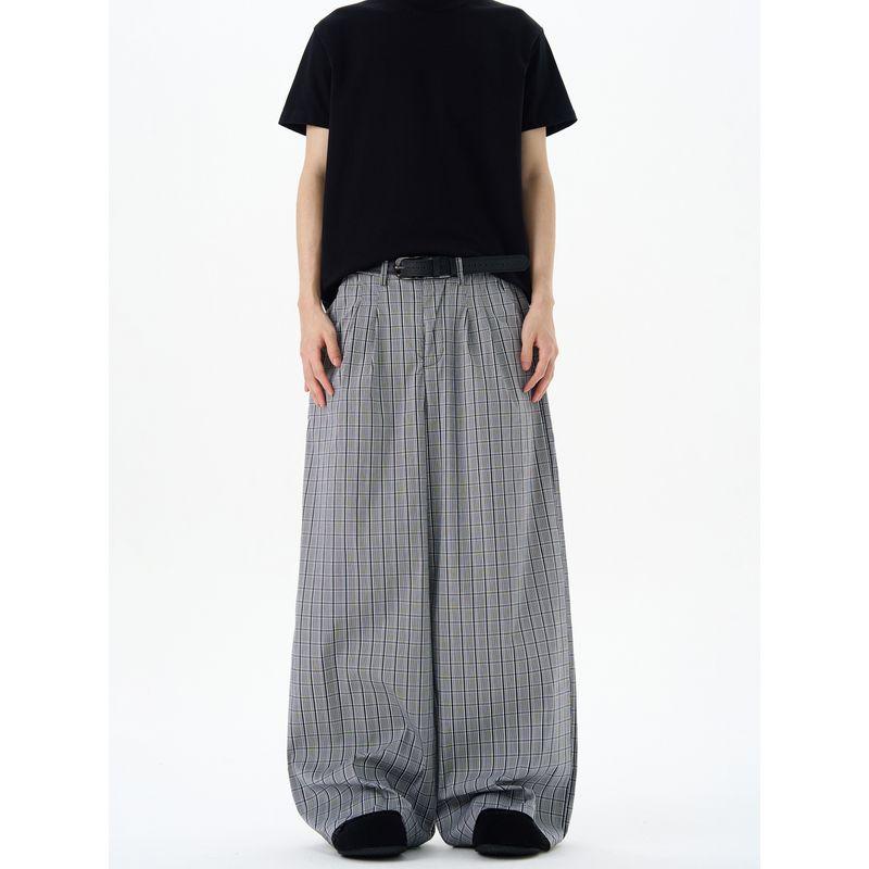 Kisko Summer Thin Pleated Plaid Wide-Leg Casual Pants for Men and Women, American-Style High-End Loose Vintage Pants