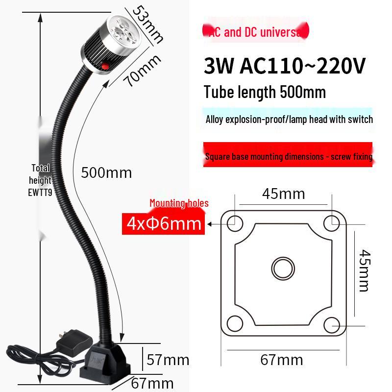 Nine Machine Tool Gooseneck Magnetic Work Light - 3W/6W/9W, 24V/220V, Strong Magnetic Base, Long Arm