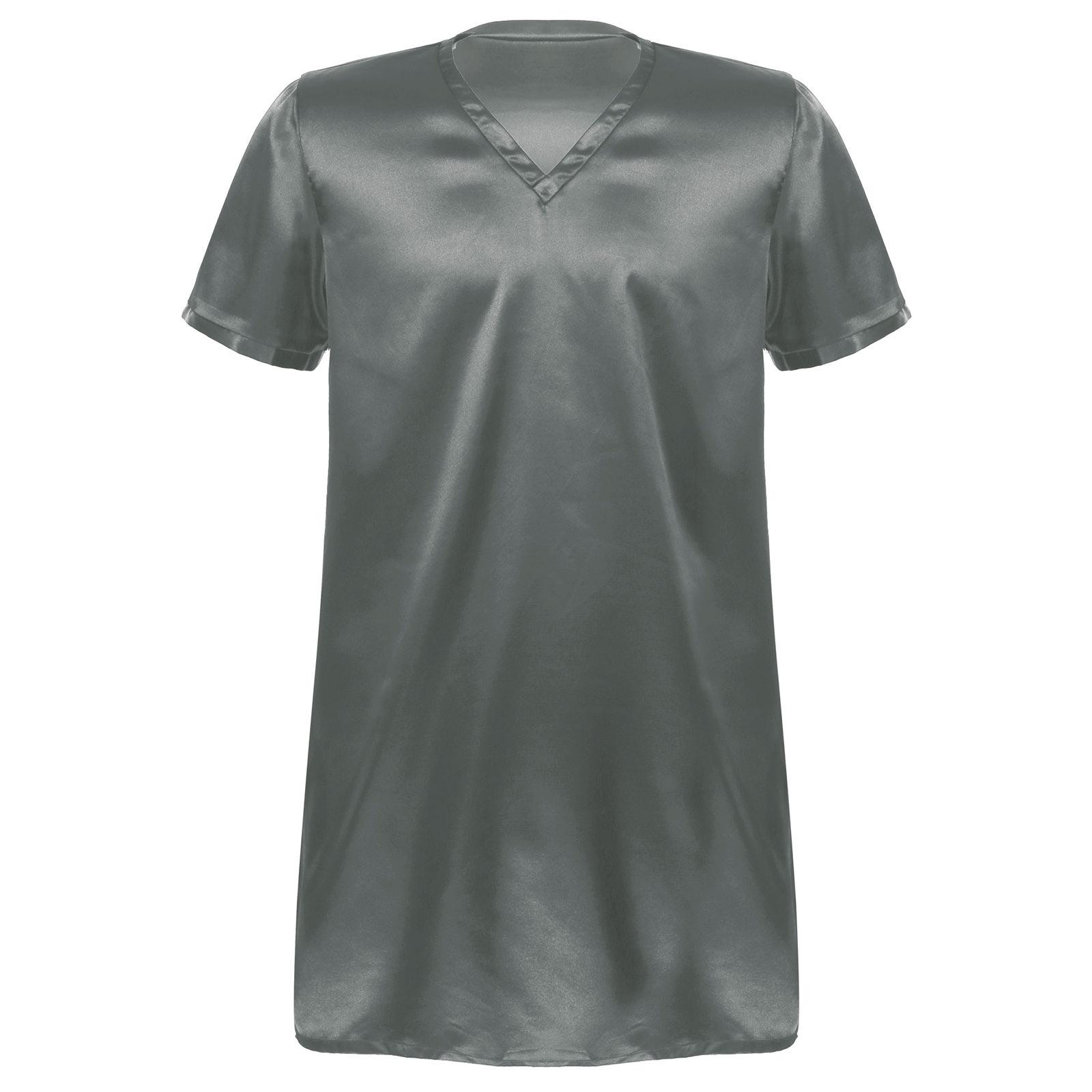 

Чоловіча Жіноча Розкішна Атласна Сорочка для Сну Дихаюча Нічна Сорочка з Коротким Рукавом з Бічними Розрізами для Зручного Нічного Одягу 4XL сірий