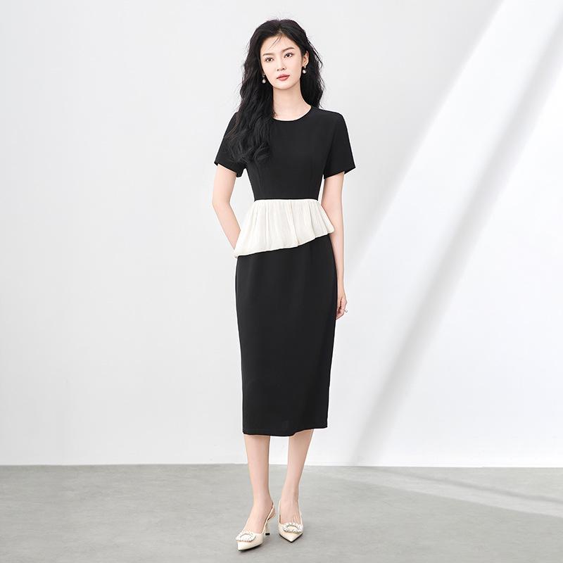 

Women s Summer Satin Panel Ruffle Short Sleeve Dress - Bright Silk Waist-Gathering L чёрный/белый