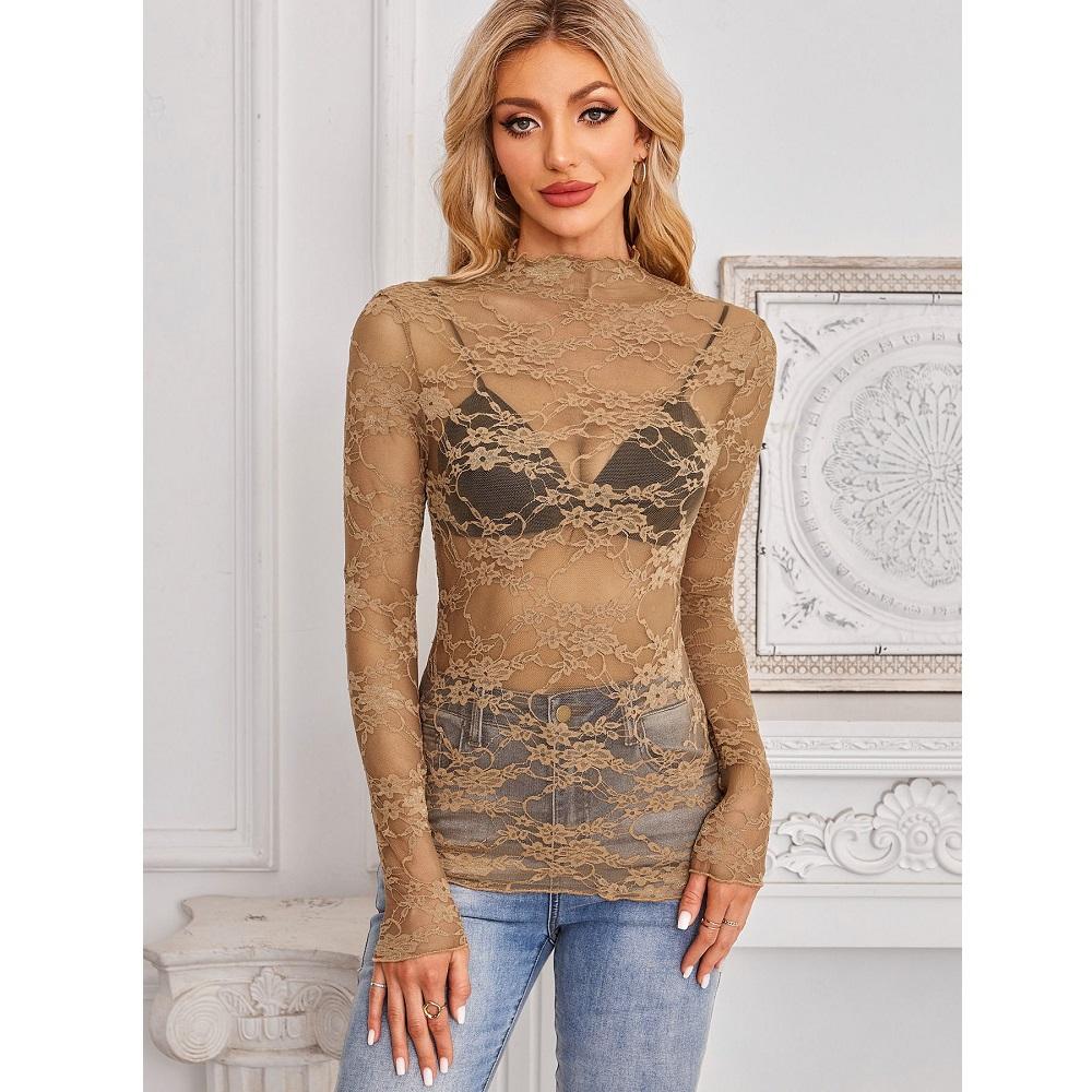 Dámské síťované průhledné krajkové topy s výstřihem do O-kroju a dlouhým rukávem, dámské slim fit květinové výšivkové topy, dámská trička