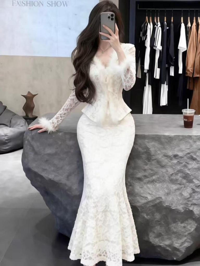 Gold Lace Mermaid Skirt & Cinched Waist Top Set for Women - Stunning 2026 Spring Arrival for Special Occasions