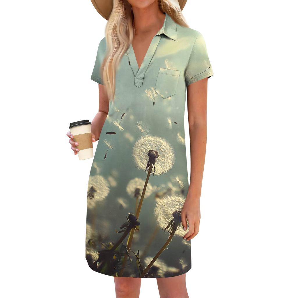 Women's Fashion Casual Loose Printed V-Neck Small Pocket Short Sleeve T-Shirt Dresses
