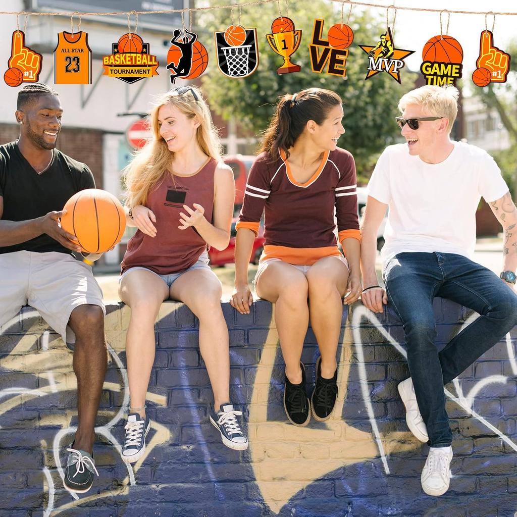 24 Pcs Basketball Wooden Ornament Basketball Cutout Wood DIY Crafts Wooden Hanging Ornaments with Twines for Party Decoration