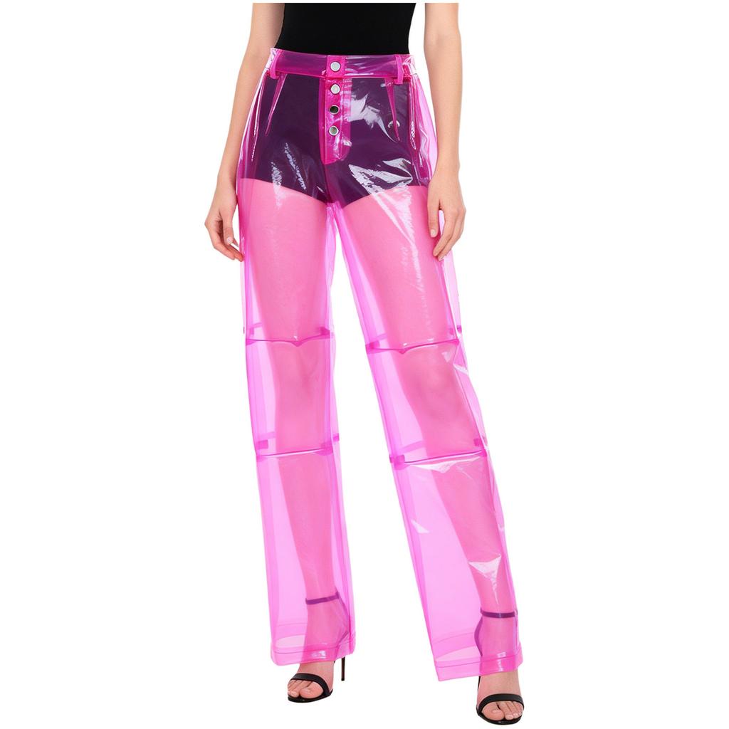 S-XXL Women See Through PVC Pants Button Waist Back Pockets Wide Leg Straight Trousers for Party Dancing Prom Cover Up