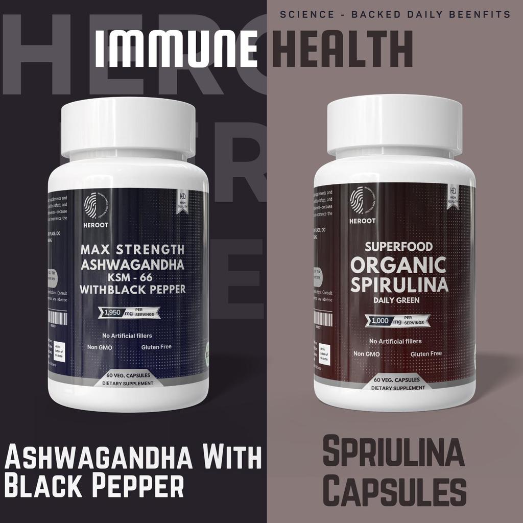 Heroot Kombinácia kapsúl pre bylinnú pohodu | Ashwagandha s čiernym korením a spirulinou