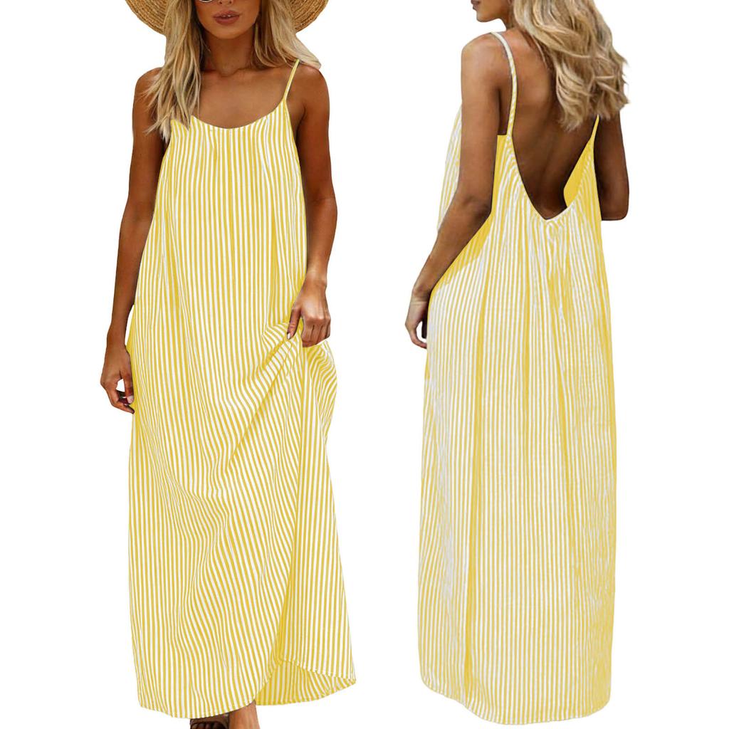 Women's Summer Cotton Linen-like Striped Maxi Dress Sleeveless Spaghetti Strap Backless Loose Casual Beach Sundress for Vacation Daily Wear