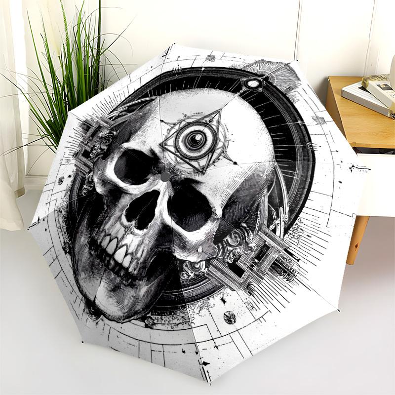 Schädelmuster, automatischer Klappschirm, tragbares und faltbares Design, 8 Schirmstäbe, ein Weihnachts- oder Geburtstagsgeschenk.