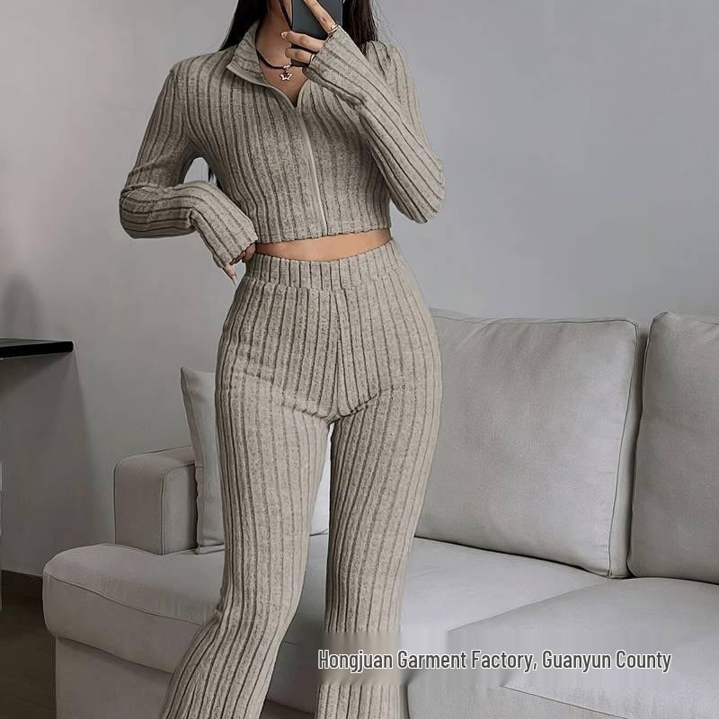 Europäisches & Amerikanisches Mode Geripptes Zweiteiliges Set: Reißverschluss Langarm-Oberteil & High-Waist Schlaghosen