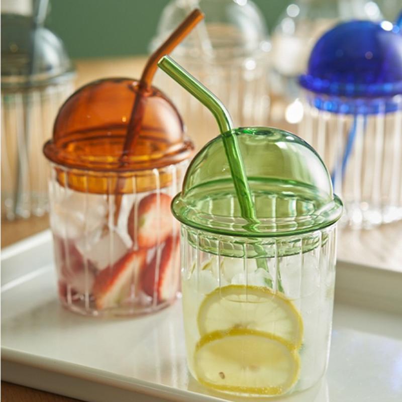 Gestreifter Kaffeebecher Klar Blasen Milchwasserbecher mit Deckel Milchglas Party Hochzeit Frühstück Dessert Trinkbecher