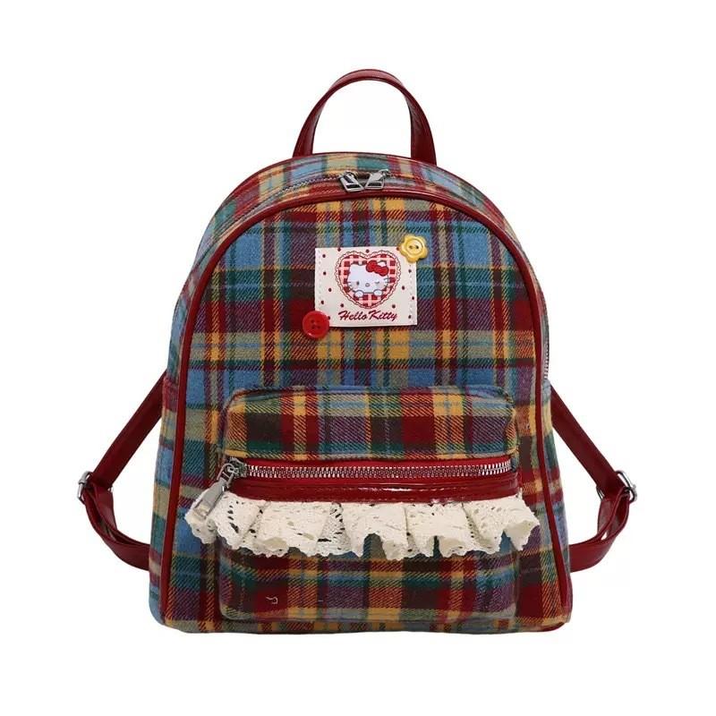 Vintage Red Plaid Kitty Backpack With Lace Detail For Daily Use
