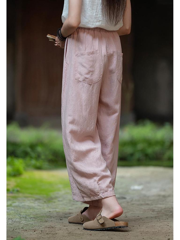Spring Literary Linen Balloon Wide-Leg Pants - Women's Washed Cotton Nine-Point Loose Fit