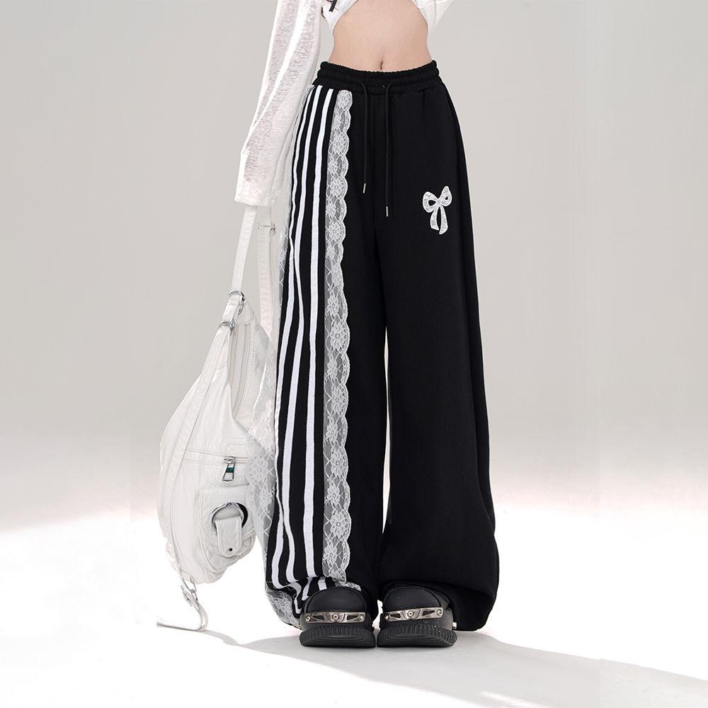 

Сладкие Прохладные Кружевные Скрытые Синие Полосатые Спортивные Повседневные Брюки Женские С Высокой Посадкой Свободные Прямые Брюки в Пол S чёрный