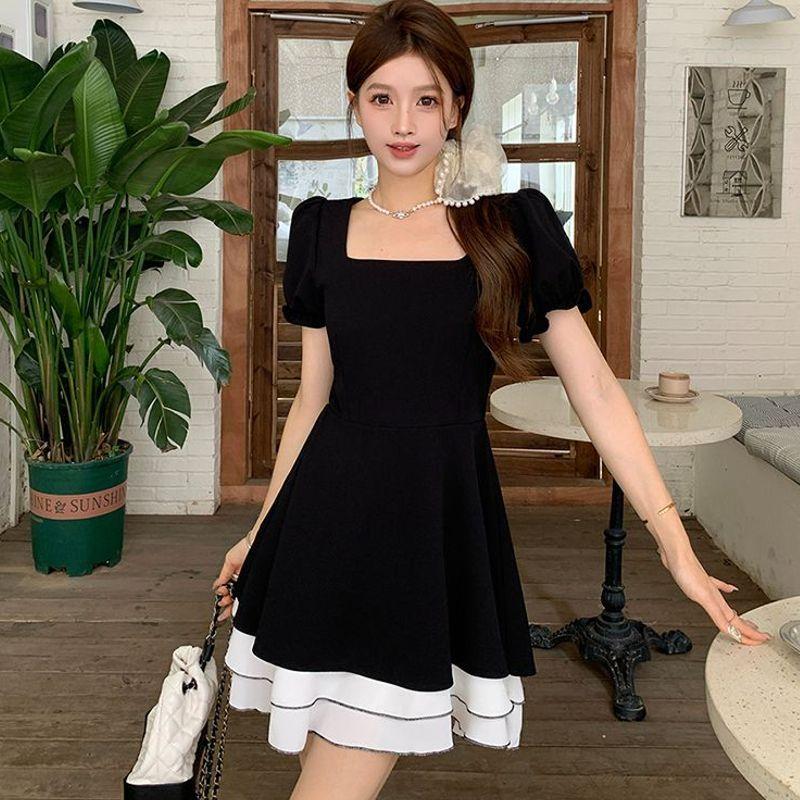 Summer New Fashion Matsumoto Mourning Black Swan Contrasting Color Short-sleeved Skirt Small Black Dress Thin A-word Dress