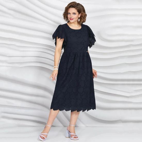 Damen Kleid Übergröße Rundhalsausschnitt Aushöhlen Stickerei Spitze Schlanke Passform Einfarbig Kurze Ärmel Pendeln Formelle Party Abschlussball Sommer Midikleid