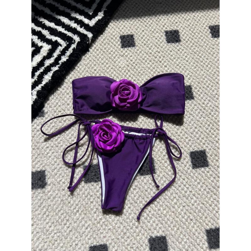 Jednobarevné Rose Tube Top Stahovací popruh Pásek Split Plavky Bikiny