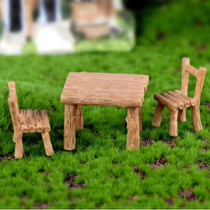 3pcs/set New Cute Table Chair Miniature Park Seat Mini Long Wood Bench Resin Craft Ornament Micro Figurine Decors for Kids Toys