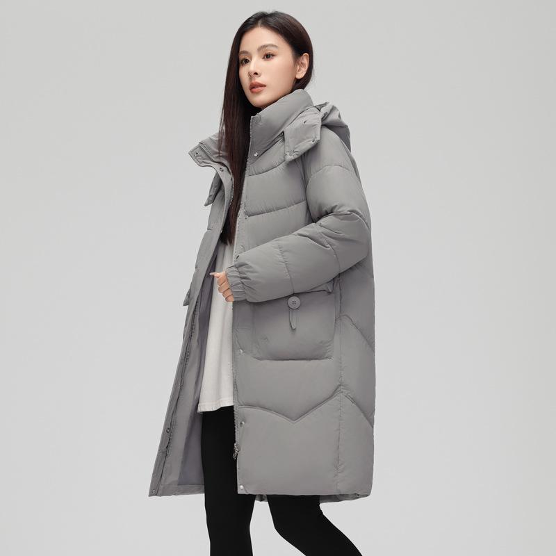 Kurtka zimowa damska ocieplana bawełną, z kapturem, gruba w pasie, ocieplana bawełną, koreańska wersja kurtki ocieplanej bawełną sięgającej do kolan