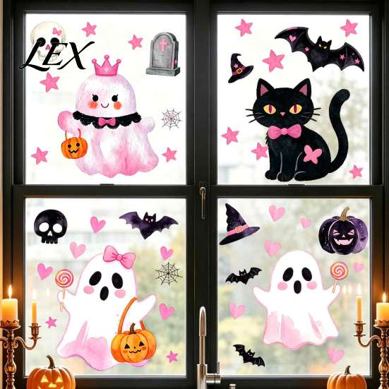 Easy Apply Window Clings 2 Sheets Halloween Cartoon Ghost Cling, Spooky Decorative Seasonal Glass Stickers Sticker, Waterproof Static Decal