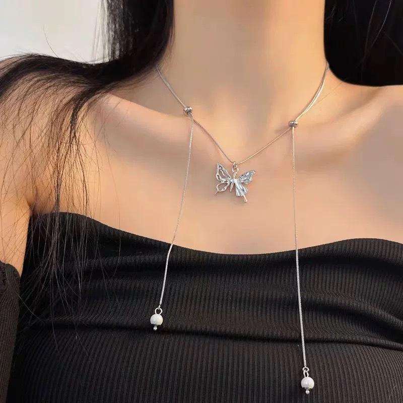 Pull-up Drawstring Butterfly Necklace Light Luxury Niche Pearl Tassel Silver Collarbone Chain Female