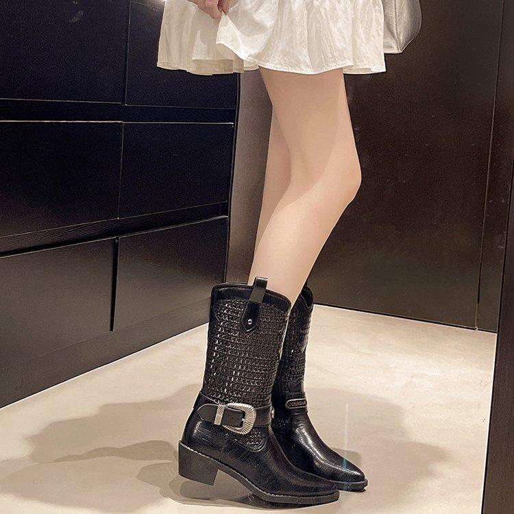 

[youshilai] Autumn new fashion woven hollow western leather boots women s personality medium tube knight boots 41