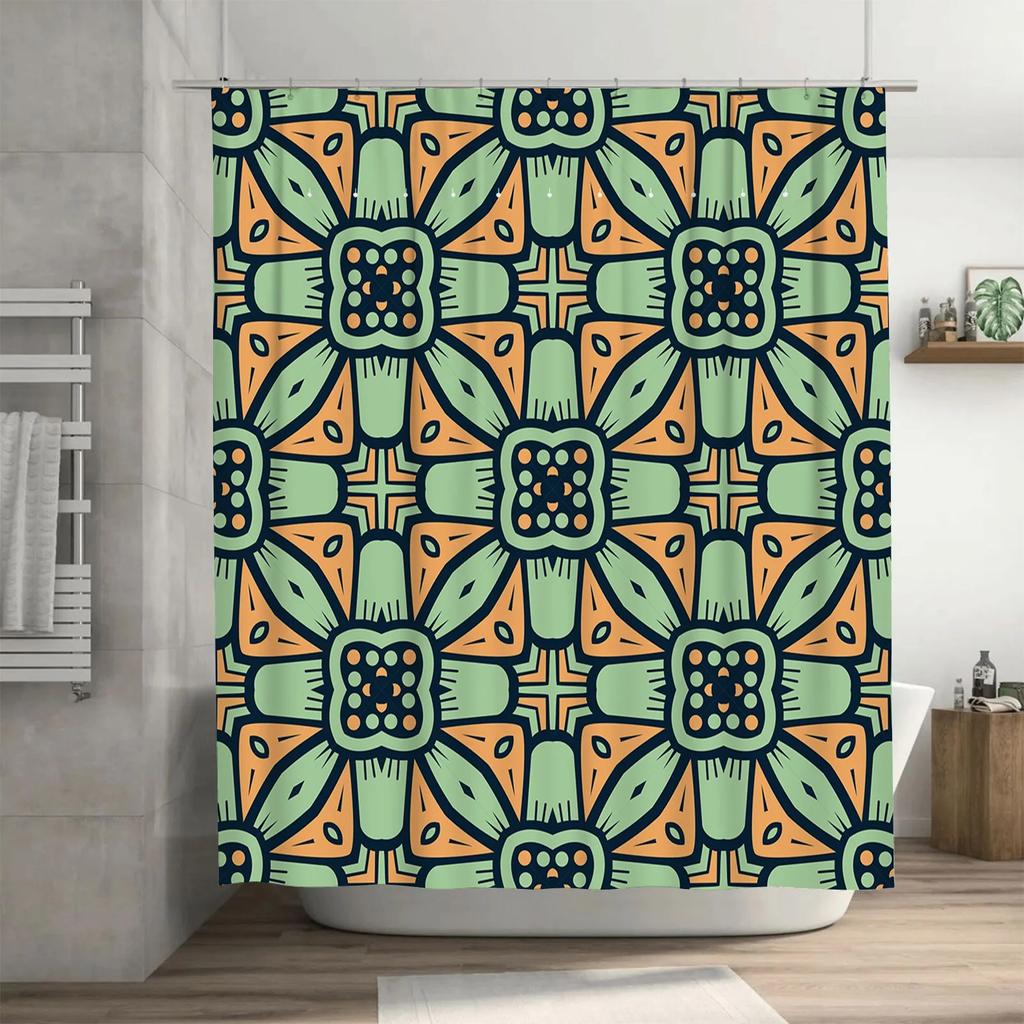 Vintage Bohemian Bath Curtain with Floral Pattern Green Orange Decor Shower Curtain for Home Bathroom Accessories