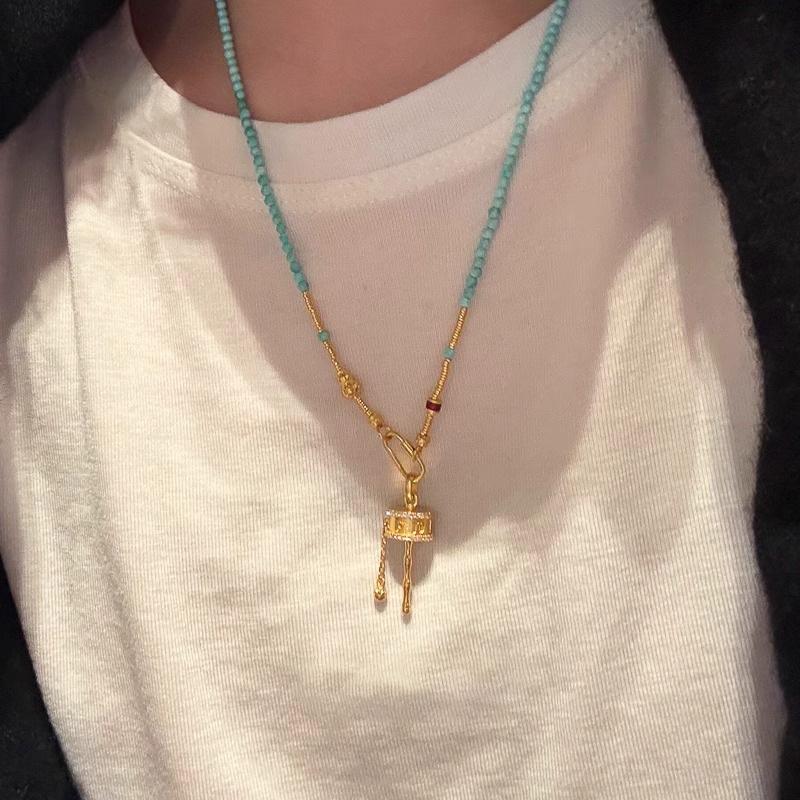 

ANENJERY Turquoise Beads Golden Crafts Necklace For Women Niche Ethnic style Exquisit Unique Jewelry Gift Wholesale Party золотой