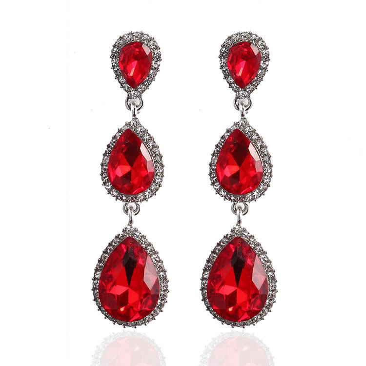 Korean Style Festive Red Teardrop Tassel Earrings with Rhinestones