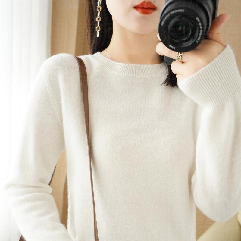Women's Solid Color Knit Pullover - Autumn/Winter Round Neck Long Sleeve Versatile Base Layer