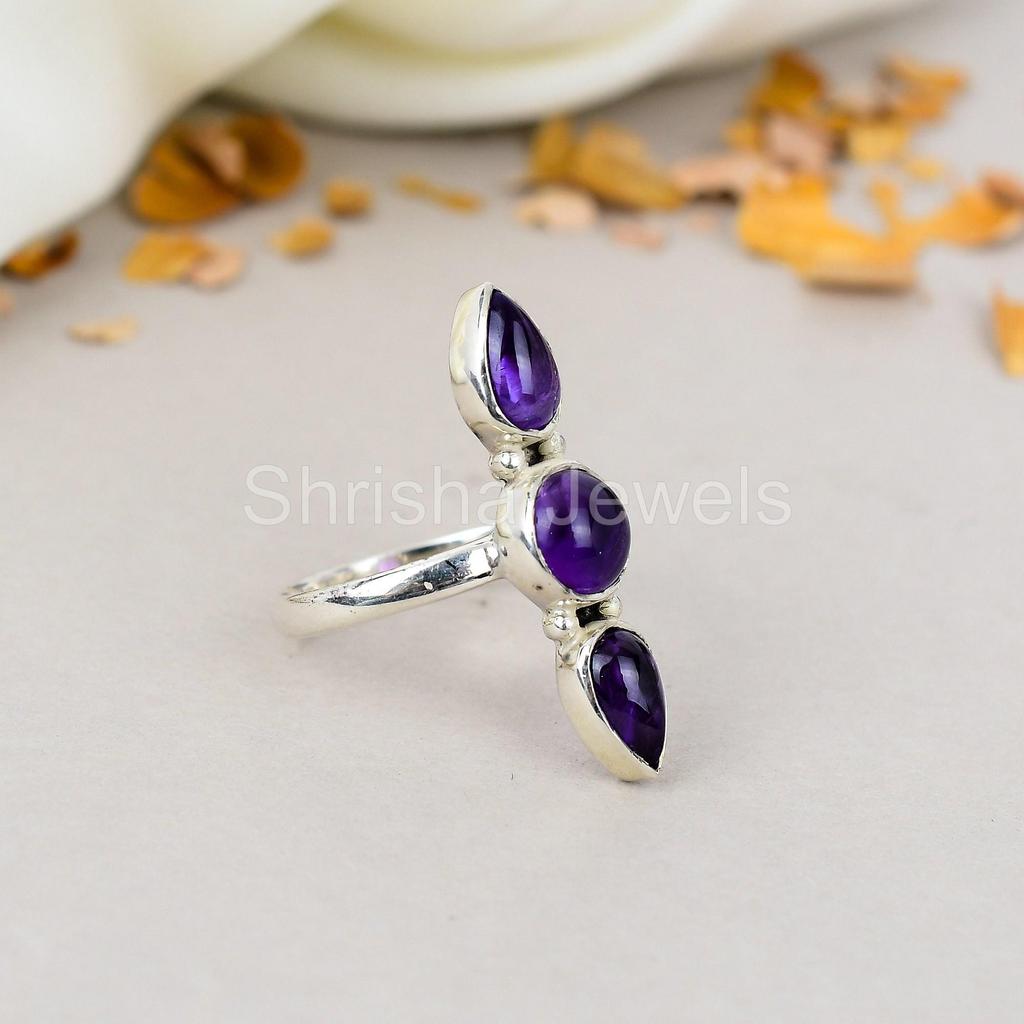 Amethyst Edelstein 925 Sterlingsilber Birnenform Handgefertigter Schmuck Boho Ring für Frauen