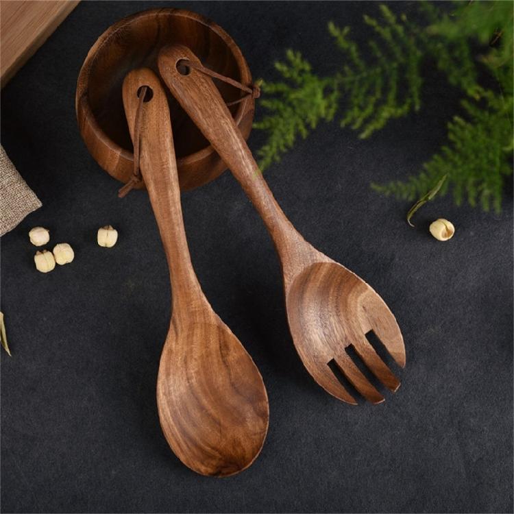 Heatproof Wooden Spoon And Fork Pair Nonslip Grip Utensils Cutlery Collection For Healthy Meal Preparation